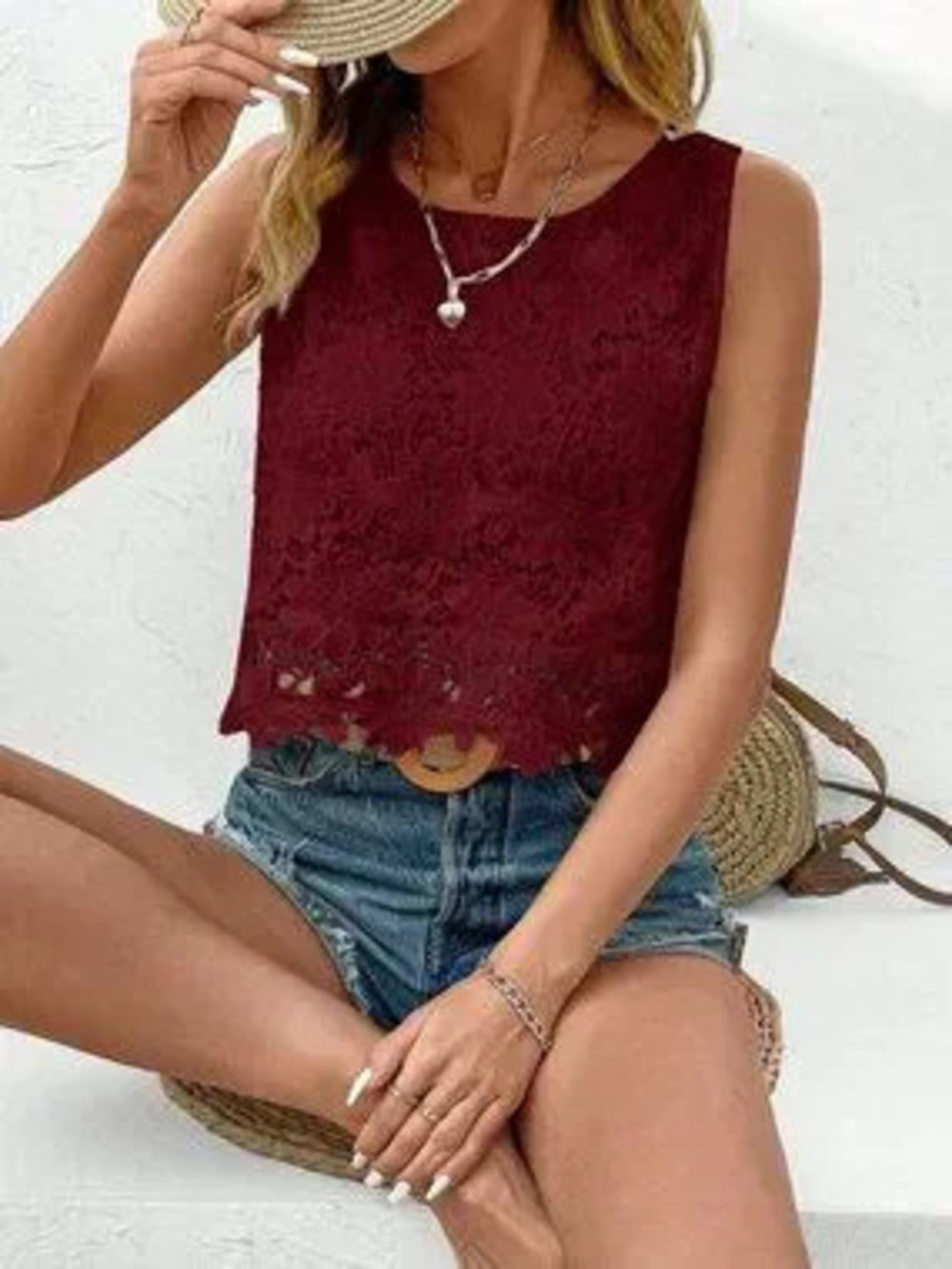 Red Casual Women's Lace Sleeveless Blouse